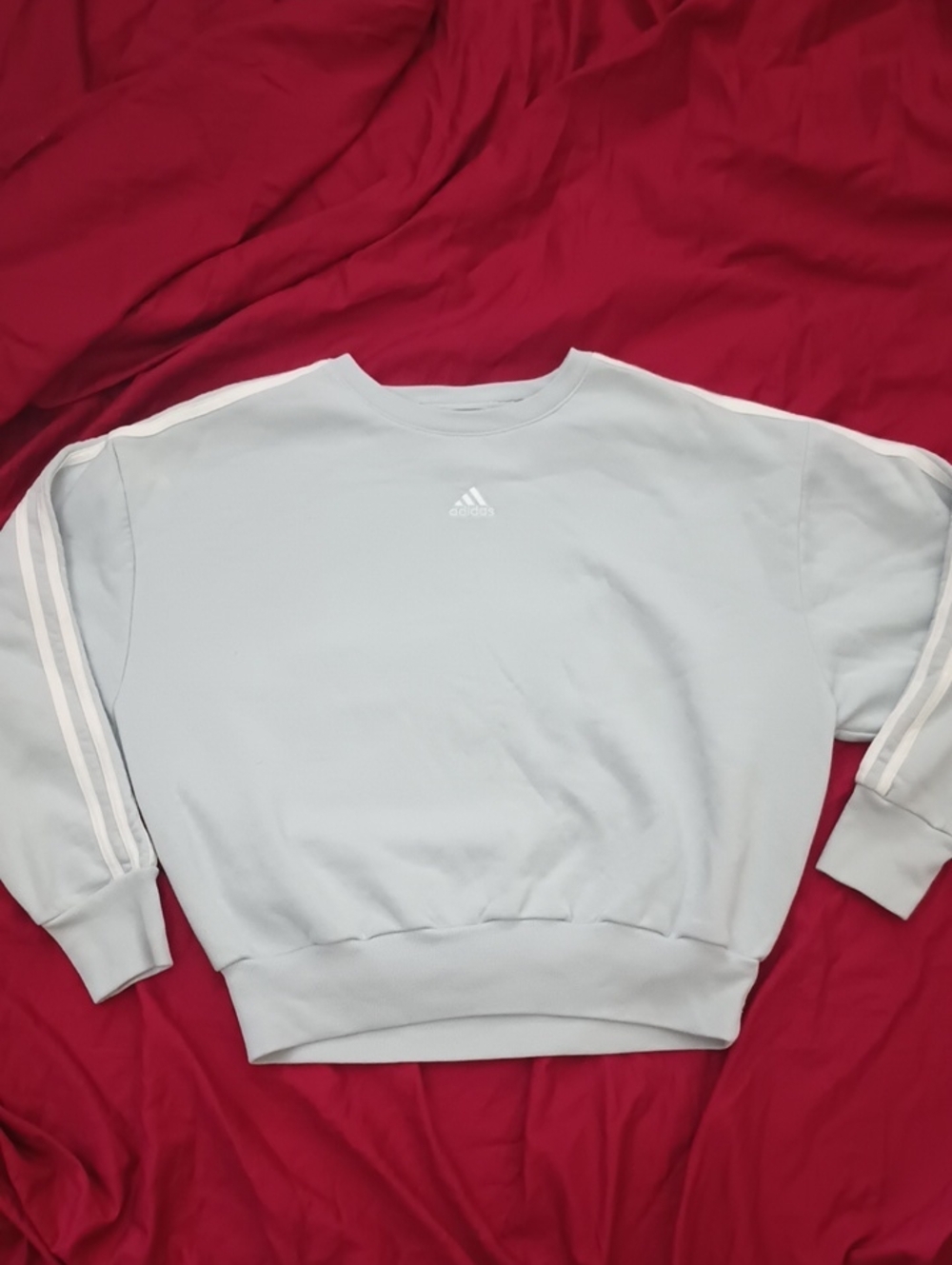adidas Woman's Pale Blue Crewneck Sweatshirt White Stripes Loose Fit Size XL